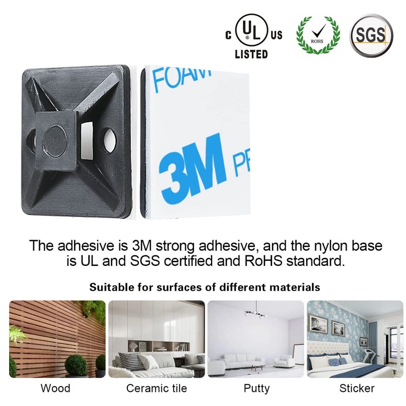 XHF 3/4" Strong Back-Glue Self Adhesive Black Cable Zip Tie Mounts 100pcs with 8" Zip Ties, Screws, UV Protection Outdoor Sticky Wire Fasteners Cable Clips Management Anchors Organizer Holders Squares - Image 2
